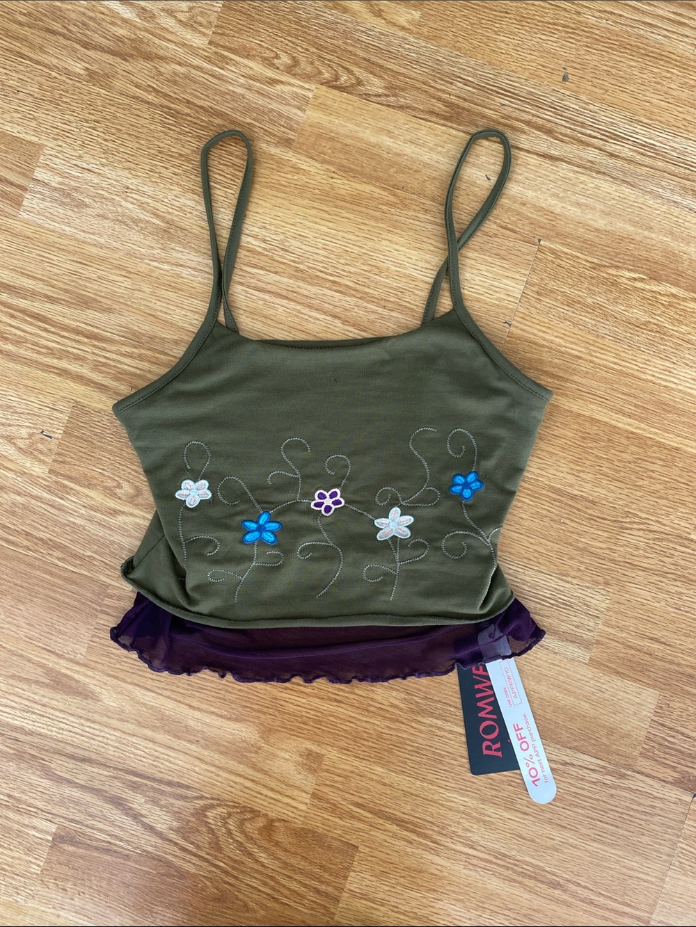 5 for $25! ROMWE Olive Green Floral Embroidered Cami with Purple Ruffle Trim
